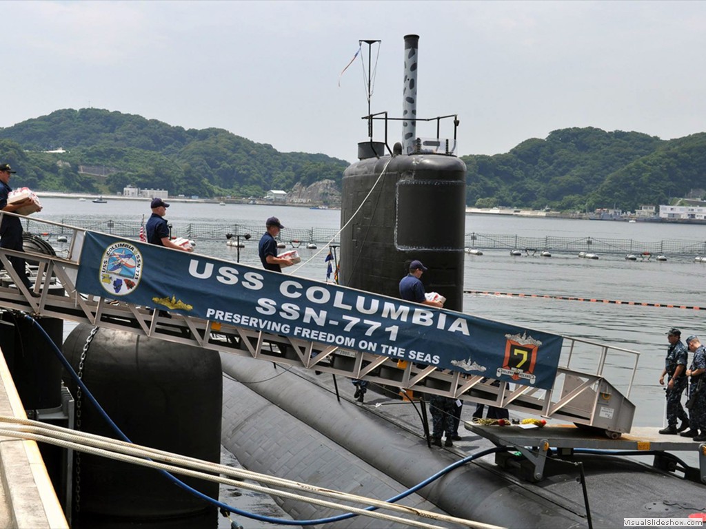 USS Columbia (SSN-771) conducts a stores load in Japan during 2011.