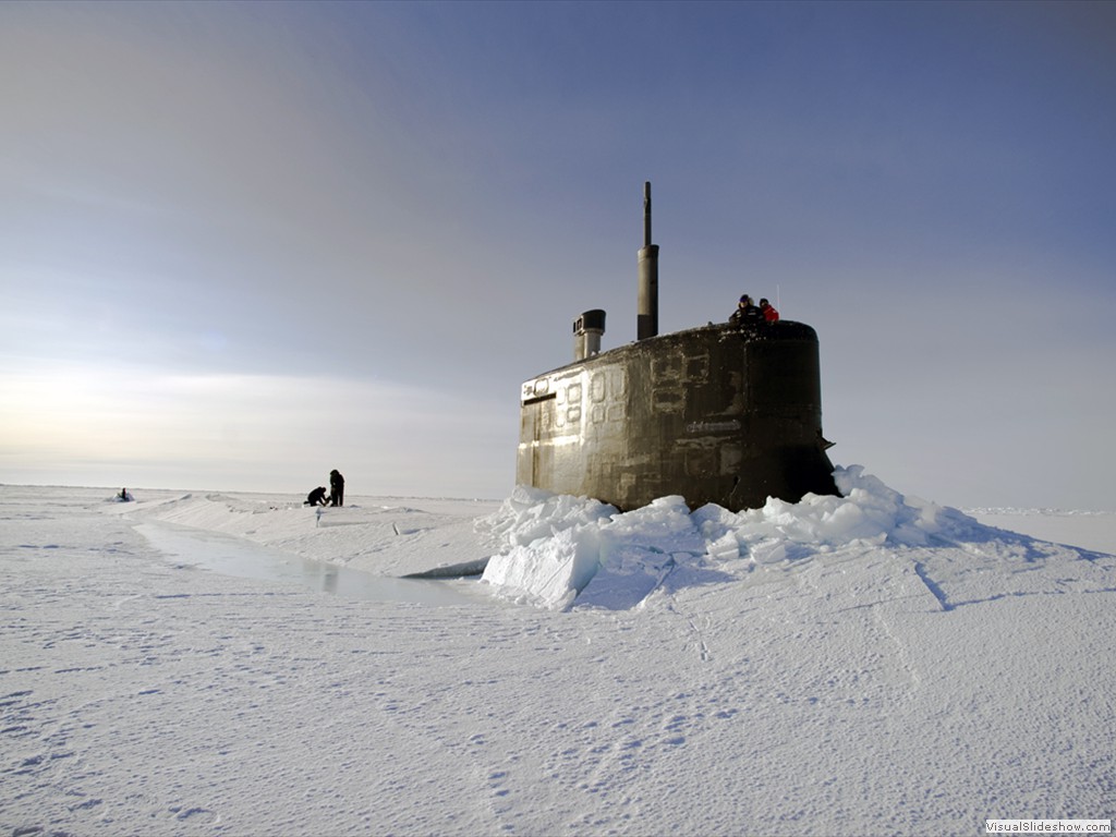 USS Connecticut (SSN 22) surfaces above the ice in the Arctic Ocean during ICEX 2011.